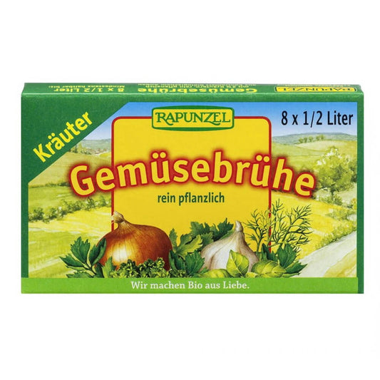 Grüner Gemüsewürfel mit Kräutern von RAPUNZEL, BIO, in 8 Packungen à 105 g, ideal für Suppen und Eintöpfe.