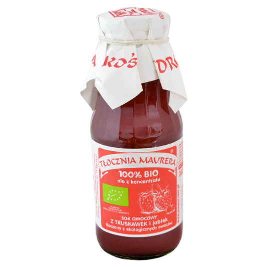 Bio Erdbeersaft mit Apfel von Maurer Press, 300 ml Flasche, zeigt die frisch gepresste Saftflasche mit Erdbeeren und Äpfeln