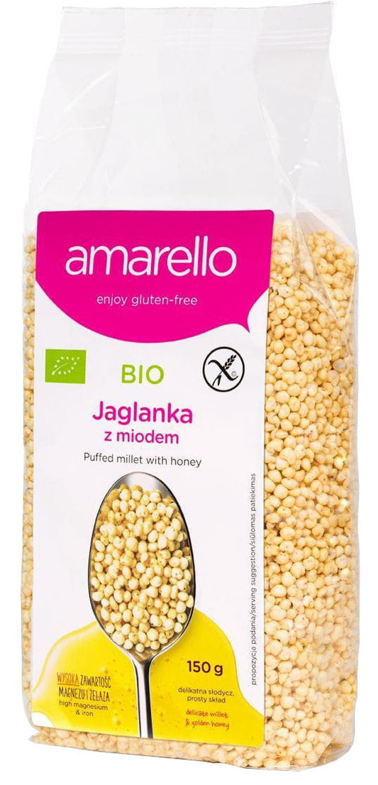 Bio glutenfreie Hirse mit Honig von Amarello in 150 g, close-up der Hirse mit Honig auf der Verpackung