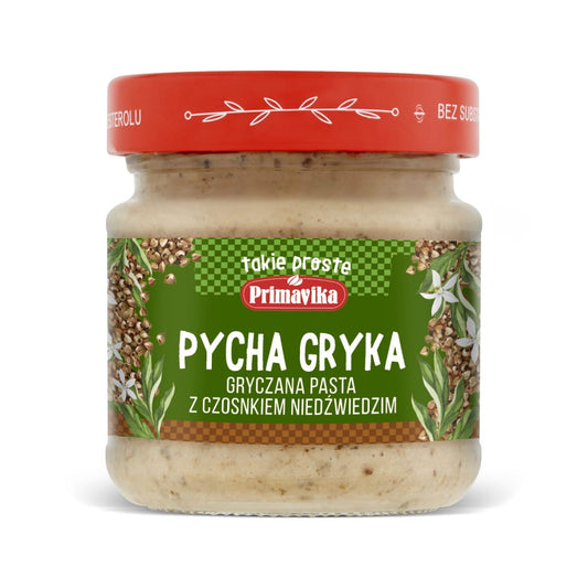 Buchweizenpaste mit Bärlauch von PRIMAVIKA, glutenfrei, 160 g, cremige Textur mit grünen Bärlauchstücken.