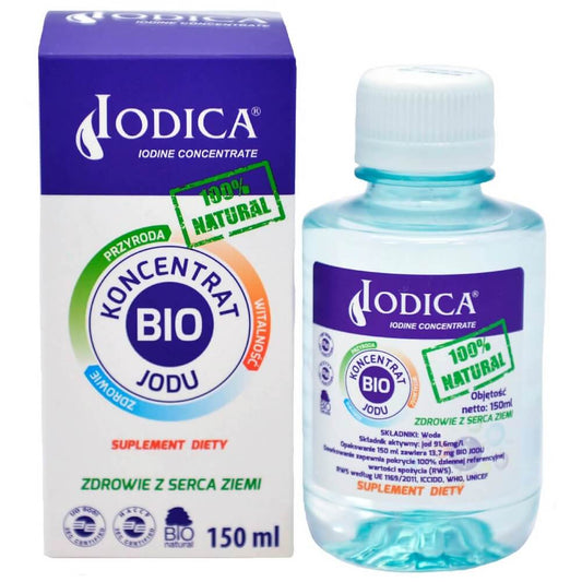 Natürliches flüssiges Jodkonzentrat von SOLCA in 150ml Flasche, zeigt die klare Flüssigkeit in einer dunklen Glasflasche.