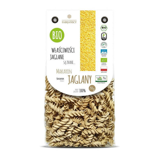 Bio Hirse Fusilli Nudeln von FABIJAŃSCY, 250 g, roh und trocken in einer transparenten Verpackung sichtbar