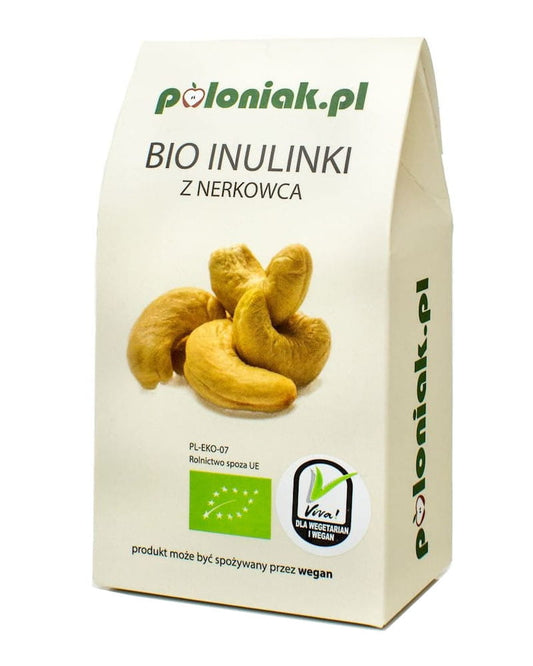 Bio Cashewnüsse mit Inulin, 100g, von POLONIAK, trockene, rohe Nüsse in einer stilvollen Verpackung.