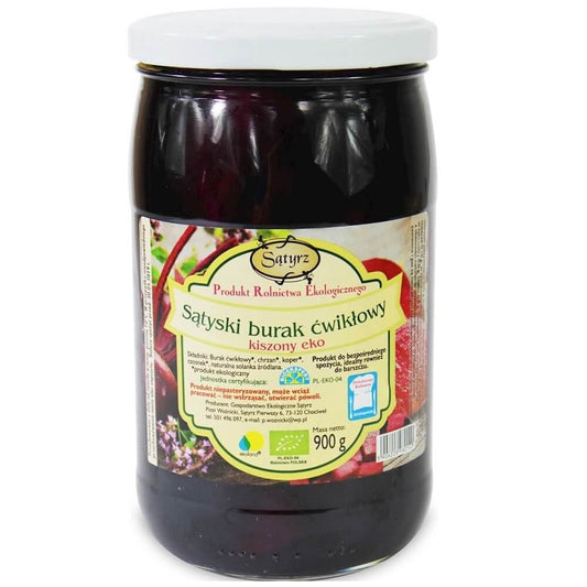 Eingelegte rote Beete BIO von SĄTYRZ in 900 g Glas, frisch und naturbelassen, sichtbar in der Verpackung