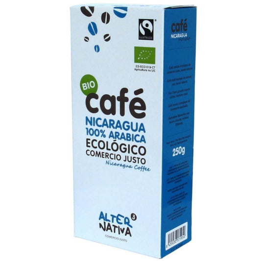 Gemahlener Kaffee Nicaragua von ALTERNATIVA, fair gehandelt und bio, 250 g Packung mit sichtbarem Kaffeebohnenpulver