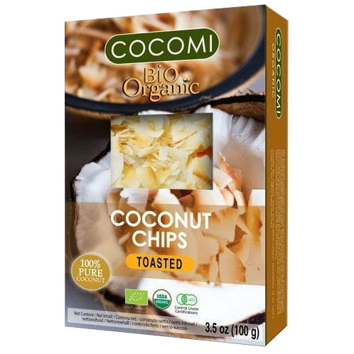 Geröstete Bio-Kokoschips von COCOMI, 100 g, knusprige, goldene Kokosnusschips in einer transparenten Packung.