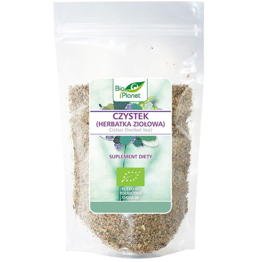 Bio Cistus Kräutertee, 75 g, lose in einer transparenten Verpackung, mit frischen Cistus-Blättern und Kräutern.