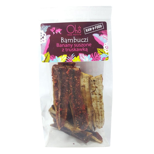 Getrocknete Bananen mit Erdbeeren, roh, Bio, 50 g von OHO BAMBUCZI, natürliche Frucht-Snacks in einer Verpackung.