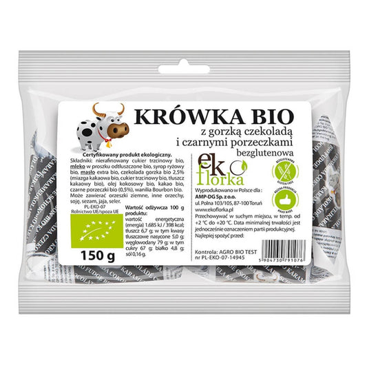 Dunkle Schokoladen-Fudges mit schwarzen Johannisbeeren, BIO-Qualität, von EKOFLORKA, auf einem weißen Teller präsentiert