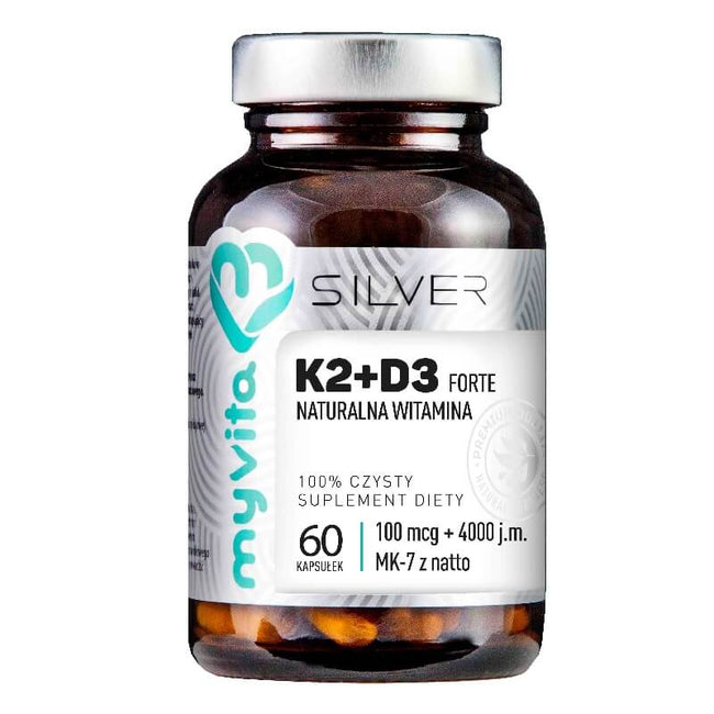 K2 + D3 FORTE 100mcg K2 + 4000j.m. D3 60 Kapseln MYVITA SILBER PURE Hover Image