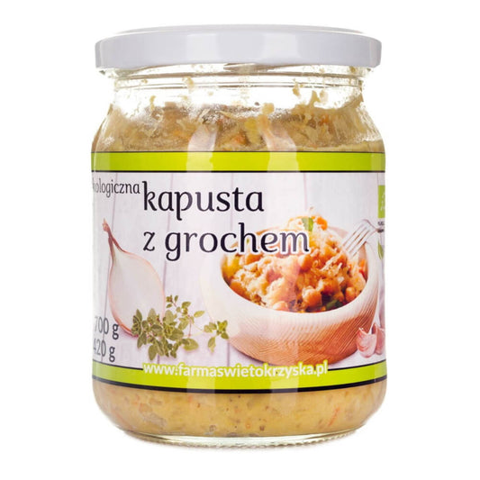 Bio-Kohl mit Erbsen von FARMA ŚWIĘTOKRZYSKA, 420 g, frischer grüner Kohl mit Erbsen in einer transparenten Verpackung.