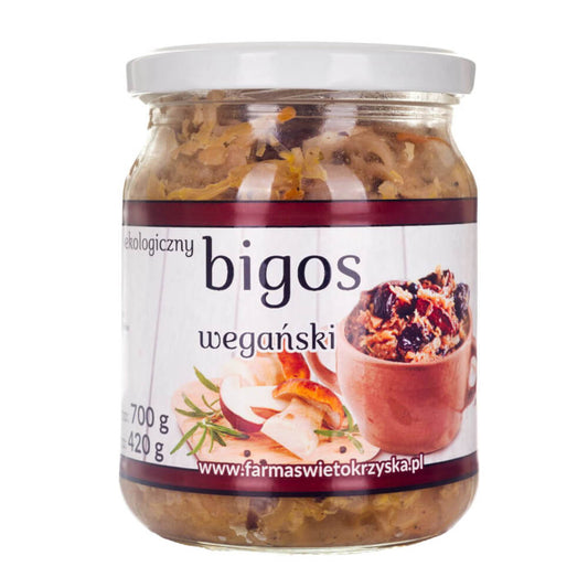 Veganer Bio Bigos vom Bauernhof Świętokrzyska, 420 g, in Glas mit Gemüse und pflanzlichen Zutaten.