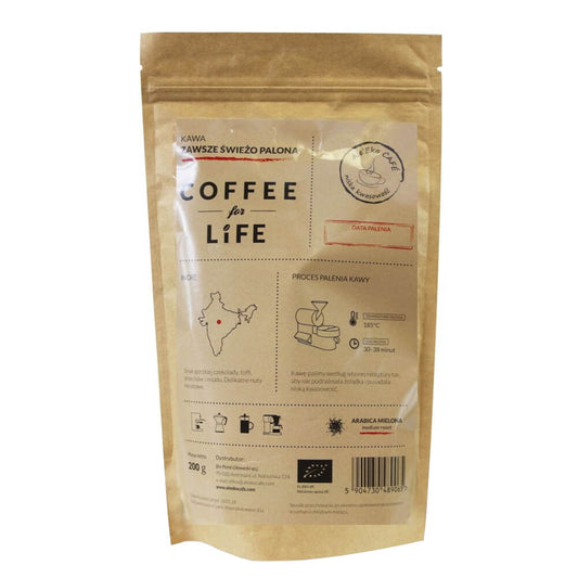 Gemahlener Bio-Arabica-Kaffee aus Indien, 200 g, von ALE EKO CAFE, fein gemahlen in einer Packung sichtbar.