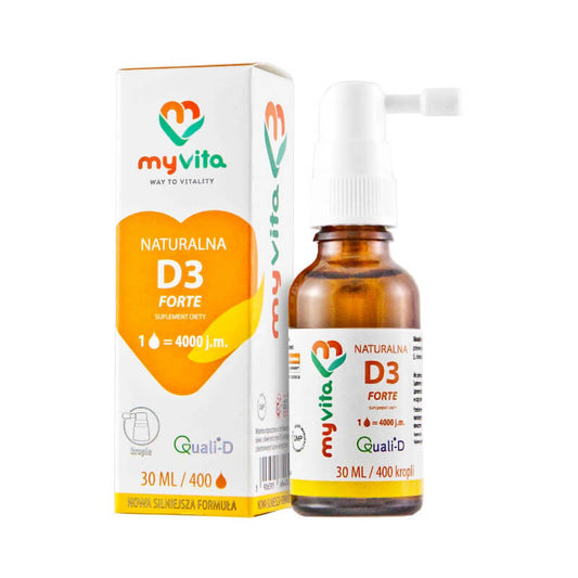 Flüssiges Vitamin D3 4000 IE von MYVITA in 30ml Flasche, zeigt die dunkelbraune Flasche mit Dosierpipette.