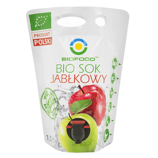 Bio Apfelsaft in 15-Liter-Gebinde von BIO FOOD, klare Flüssigkeit mit frischem Apfelaroma, ideal für Getränke und Kochen