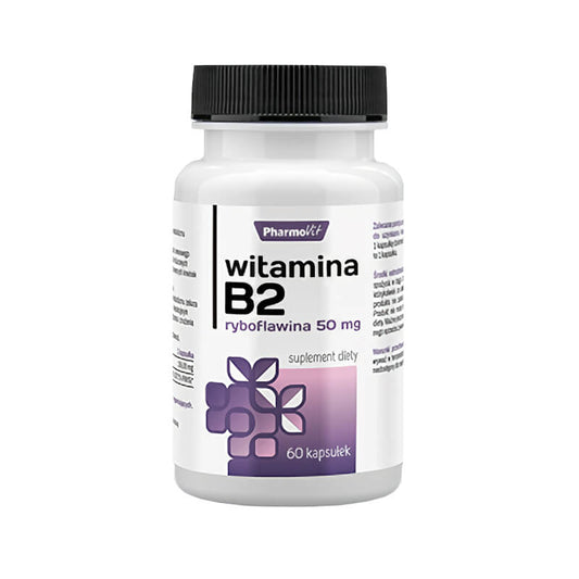 Vitamin B2 Riboflavin B-2 50 mg, 60 Kapseln von PHARMOVIT, zeigt die Verpackung und Kapseln des Nahrungsergänzungsmittels.