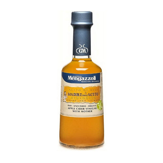 Bio ungefilterter Apfelessig von MENGAZZOLI in 250 ml Flasche, sichtbare Flasche mit label, naturbelassener Apfelessig.