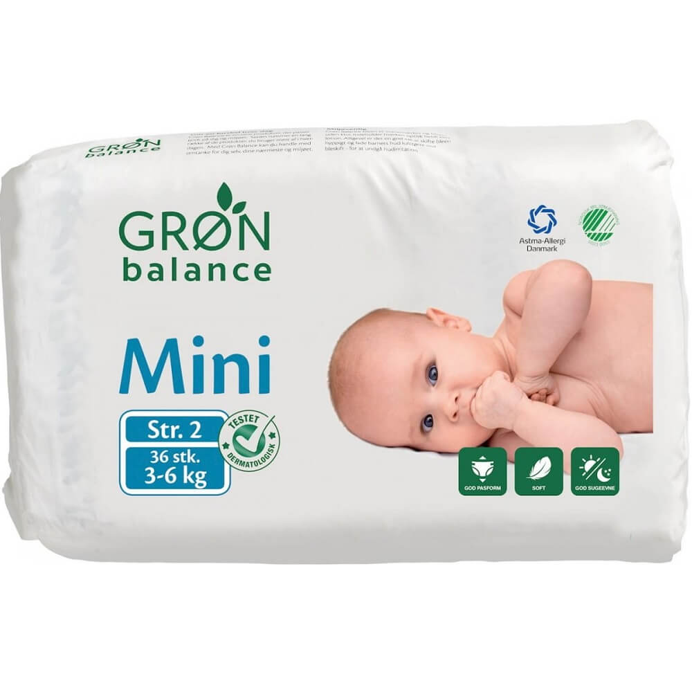Miniwindeln für 3-6 kg von GRON BALANCE, weiche Babywindeln für kleine Kinder, abgebildet in der Verpackung