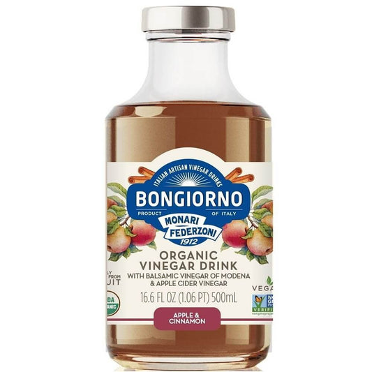 Bio Apfel-Zimt Getränk mit Basami-Essig aus Modena in 500 ml Flasche, hergestellt von BONGIORNO, sichtbar in der Flasche