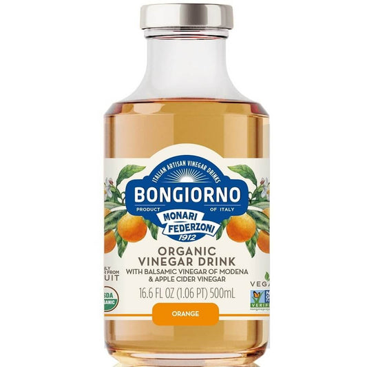 Bio-Orangengetränk mit Balsamico-Essig aus Modena von BONGIORNO, 500 ml Flasche, zeigt die Flasche mit Orangen und Balsamico.