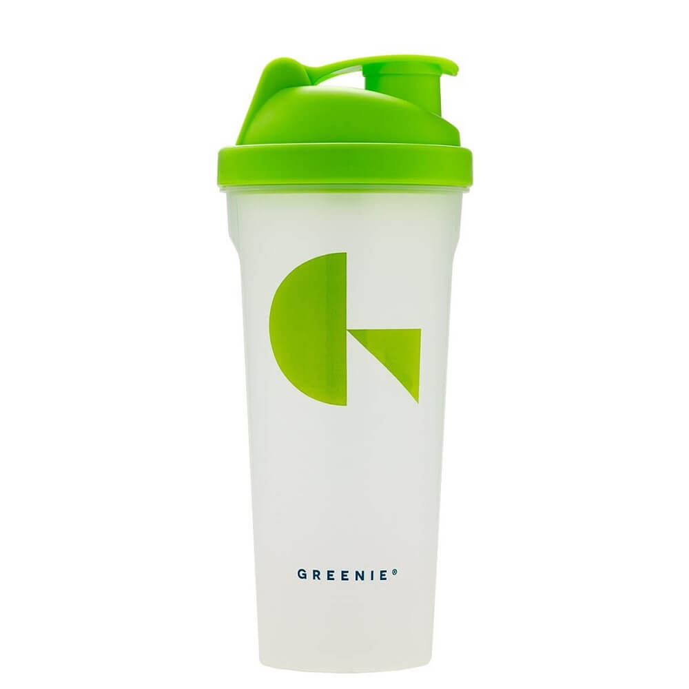 Grüner 500ml Shaker von GREENIE NUTRITION BODY DETOX für Smoothies und Proteinshakes, aus robustem Kunststoff.