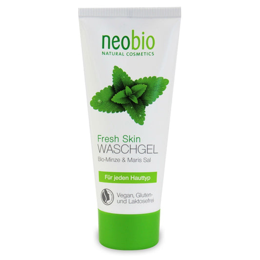 Neobio Gesichtswaschgel mit Minze und Meersalz, 100 ml, im weißen Flaschen, zeigt die Produktverpackung und Inhaltsstoffe.
