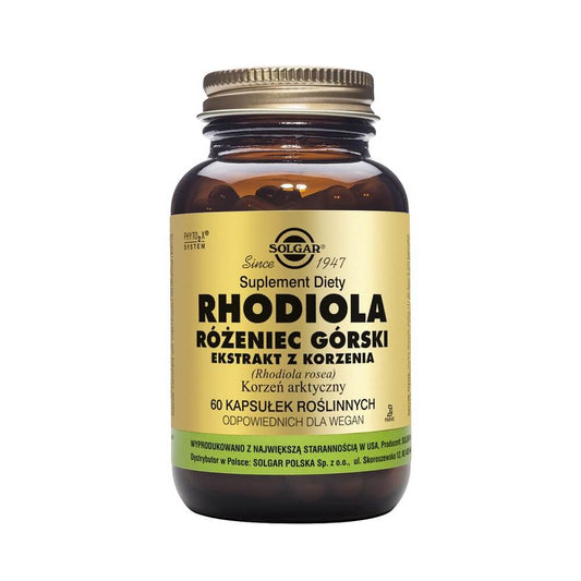 Rhodiola rosea Arktischer Wurzelextrakt, 60 Kapseln, von SOLGAR, zeigt die Verpackung und die Kapseln des Nahrungsergänzungsmittels