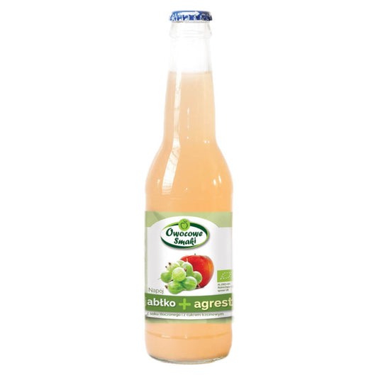 BIO Stachelbeer-Apfel-Drink von OWOCOWE SMAKI in 330 ml Flasche, zeigt frischen Stachelbeer- und Apfel-Getränk in Glasflasche