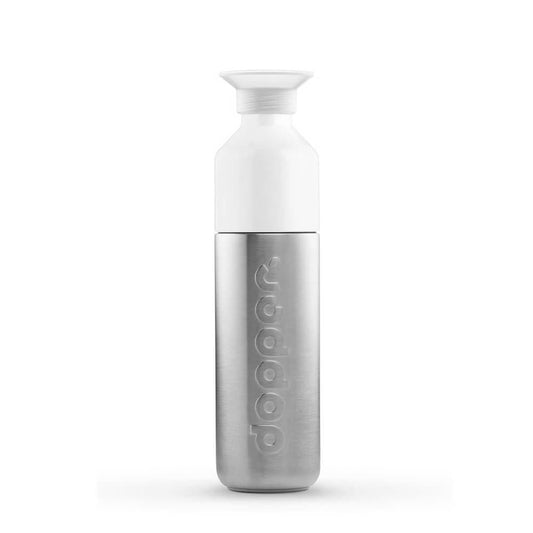 Edelstahlwasserflasche 490 ml von DOPPER, mit Schraubverschluss, glänzendes Edelstahl, ideal für unterwegs und nachhaltige Getränke.