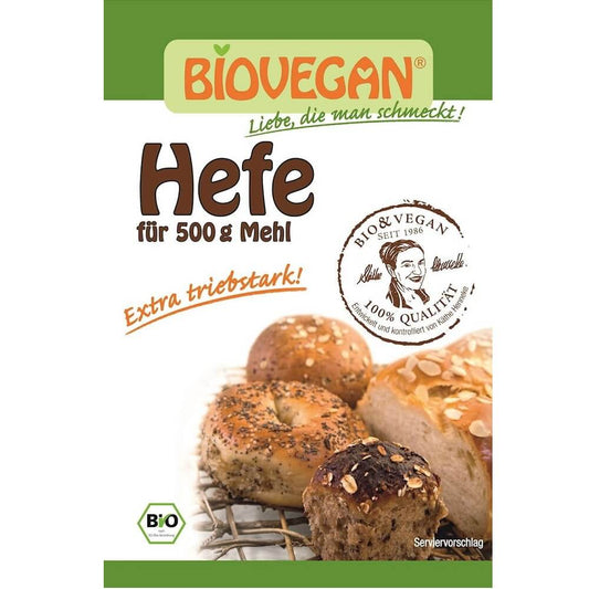 Bio glutenfreie Trockenhefe von BIO VEGAN in 9 g Packung, vegan und ideal für Backrezepte, sichtbar in der Verpackung.