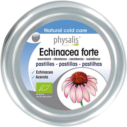 Echinacea FORTE Lutschtabletten von PHYSALIS, Bio, für das Immunsystem, zeigt die Packung mit Lutschtabletten auf weißem Hintergrund