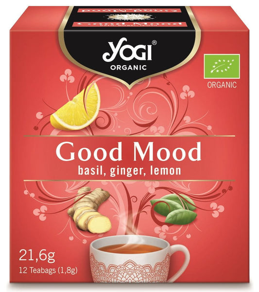 Bio-Gute-Laune-Tee von YOGI mit Basilikum, Ingwer und Zitrone, 12 Teebeutel à 18 g, erfrischend und belebend.