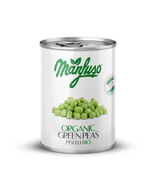 Grüne Erbsen in BIO-Salzlake von MANFUSO, 400 g, in einer transparenten Dose auf weißem Hintergrund sichtbar.