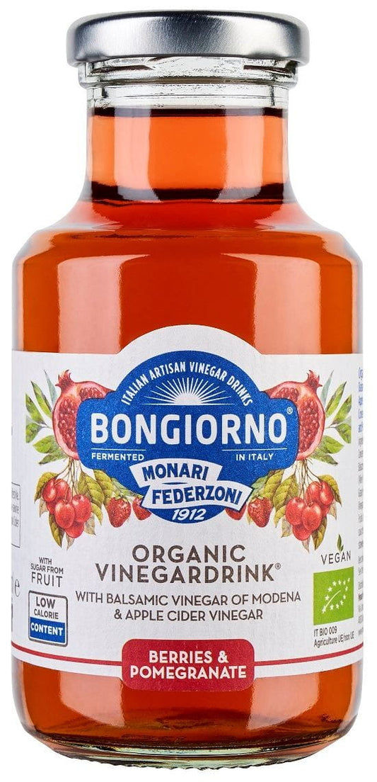 Bio Beeren- und Granatapfelgetränk mit Balsamico aus Modena von BONGIORNO, 250 ml, zeigt die Flasche mit fruchtigem Inhalt.