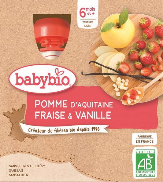 Bio Apfel-Erdbeer-Vanille-Dessert für Babys ab 6 Monaten, glutenfrei, 4x90 g von BABYBIO, cremige Frucht- und Vanillenote