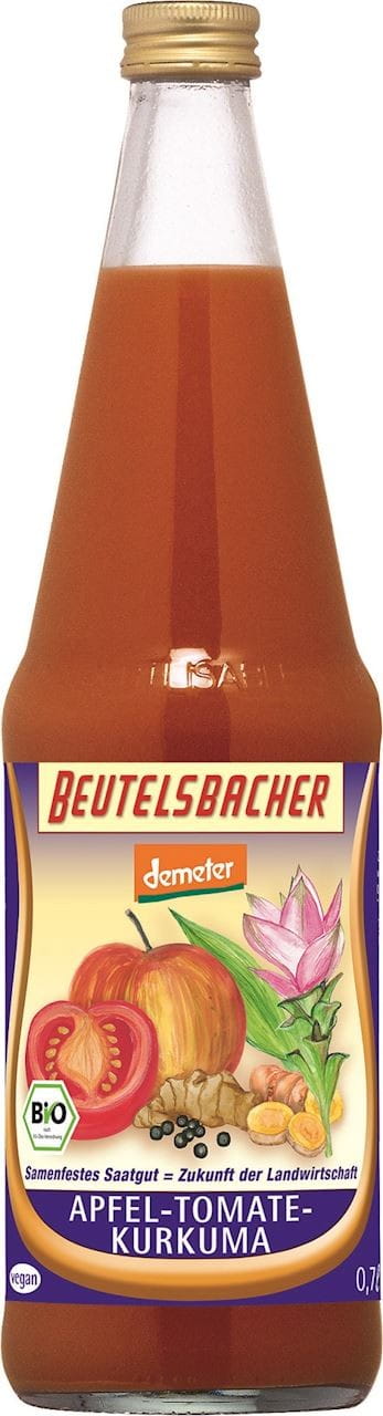 Bio Apfel-Tomate-Kurkuma Saft von Beutelsbacher in 700 ml Flasche, frisch und naturbelassen, zeigt die farbenfrohe Mischung im Bild