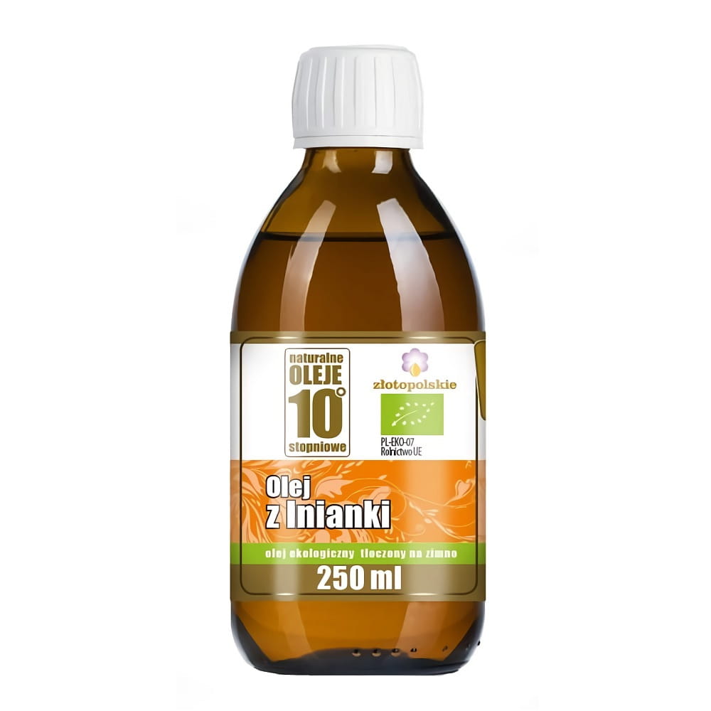Kaltgepresstes Bio-Leinöl von ZŁOTO POLSKIE in 250 ml Flasche, naturbelassen und goldgelb im Licht.