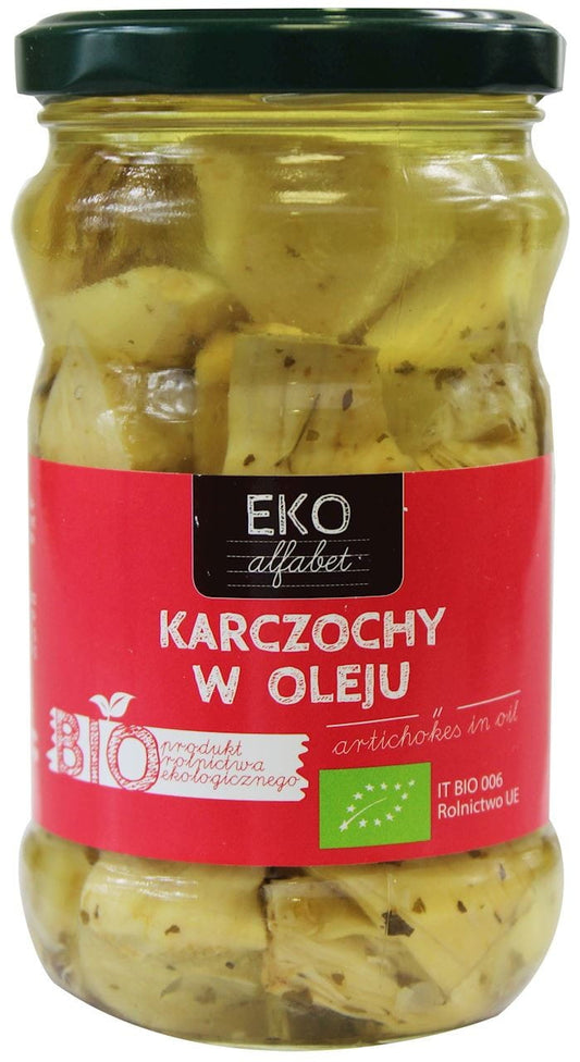 Bio-Artischocken in Öl von BIOPLANET, 290 g, in einer offenen Dose, mit grünen Artischockenstücken in Öl.
