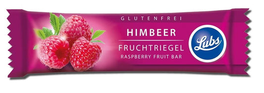 Bio glutenfreier Dattelriegel mit Himbeeren von LUBS, 30 g, zeigt den Riegel mit fruchtigen Himbeeren und Datteln.
