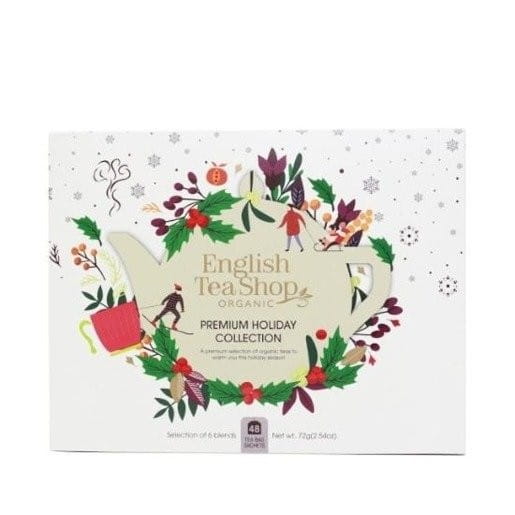 Weihnachtstee-Set in weißer Box, BIO, 72g, von ENGLISH TEA SHOP, mit verschiedenen festlichen Teesorten im Bild