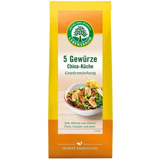 BIO Gewürz für chinesische Küche von LEBENSBAUM in einer 40 g Verpackung, zeigt das Gewürz in einer offenen Schale.