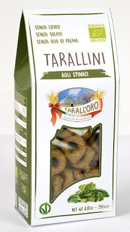 Bio Tarallini Snacks mit Spinat von PASTIFICIO DI BARI, knusprige italienische Knabberei in 250 g Verpackung