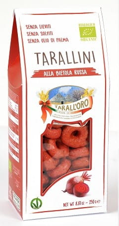 Bio Tarallini Snacks mit Rote Beete von PASTIFICIO DI BARI, 250 g, knusprige italienische Knabberei mit Rote Beete.