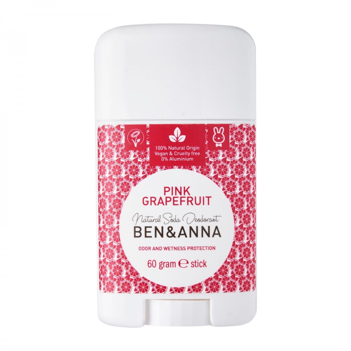 Ben & Anna Pink Grapefruit Deodorant Stick 60 g, natürlicher Deodorant in rosa, zeigt den Stick mit pinker Farbe und Frucht-Duft