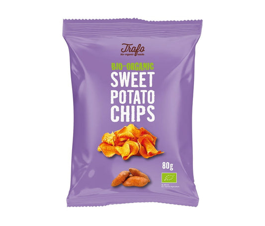 Bio Süßkartoffelchips in Sonnenblumenöl gebraten, 80 g, von TRAFO, knusprige und natürliche Snack-Option