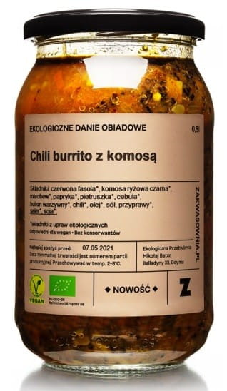 Bio mexikanischer Chili-Burrito in 900 ml Glas, ZAKWASOWNIA, mit würziger Chili-Soße und frischen Zutaten.