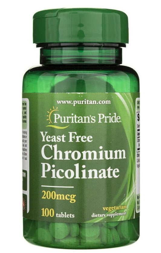 Chrom 200mcg Chrompicolinat, 100 Kapseln, von PURITAN'S PRIDE, zeigt die Verpackung und Kapseln des Nahrungsergänzungsmittels