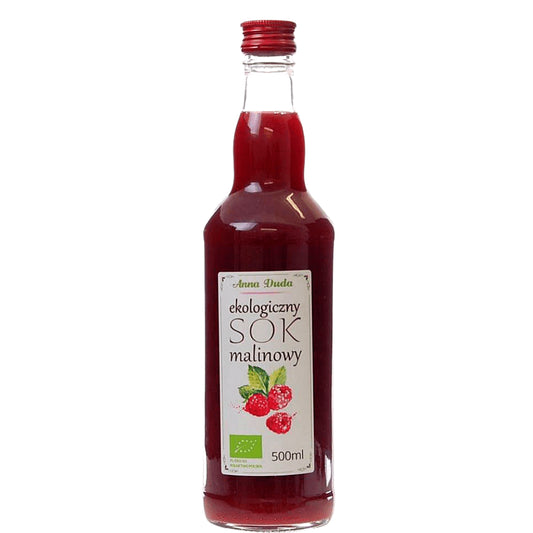 Bio Himbeersaft von ANNA DUDA in 500 ml Flasche, dunkelrote Fruchtfarbe, frisch gepresst und naturbelassen