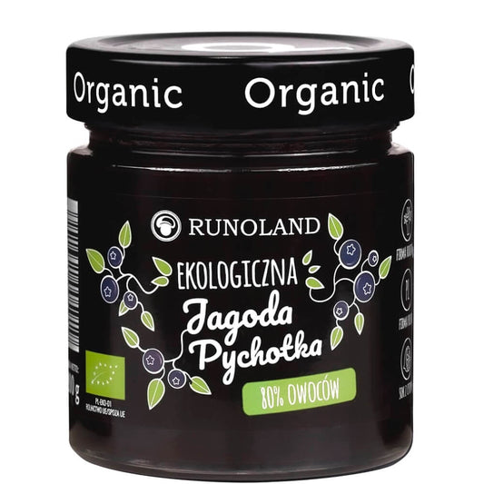 Bio Aronia Pychtka von RUNOLAND in 200 g Verpackung, frische schwarze Beeren auf einem Teller sichtbar