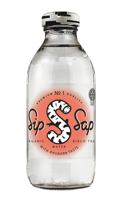 Birkensaft mit Rhabarbergeschmack von SIPSAP, glutenfrei, BIO, 330 ml Flasche, zeigt die Flasche mit Etikett und Inhalt